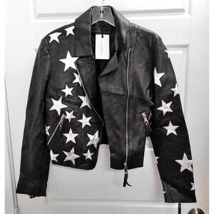 New Be Edgy Black Sheepskin‎ Leather Zip Bomber Jacket with Silver Stars sz S